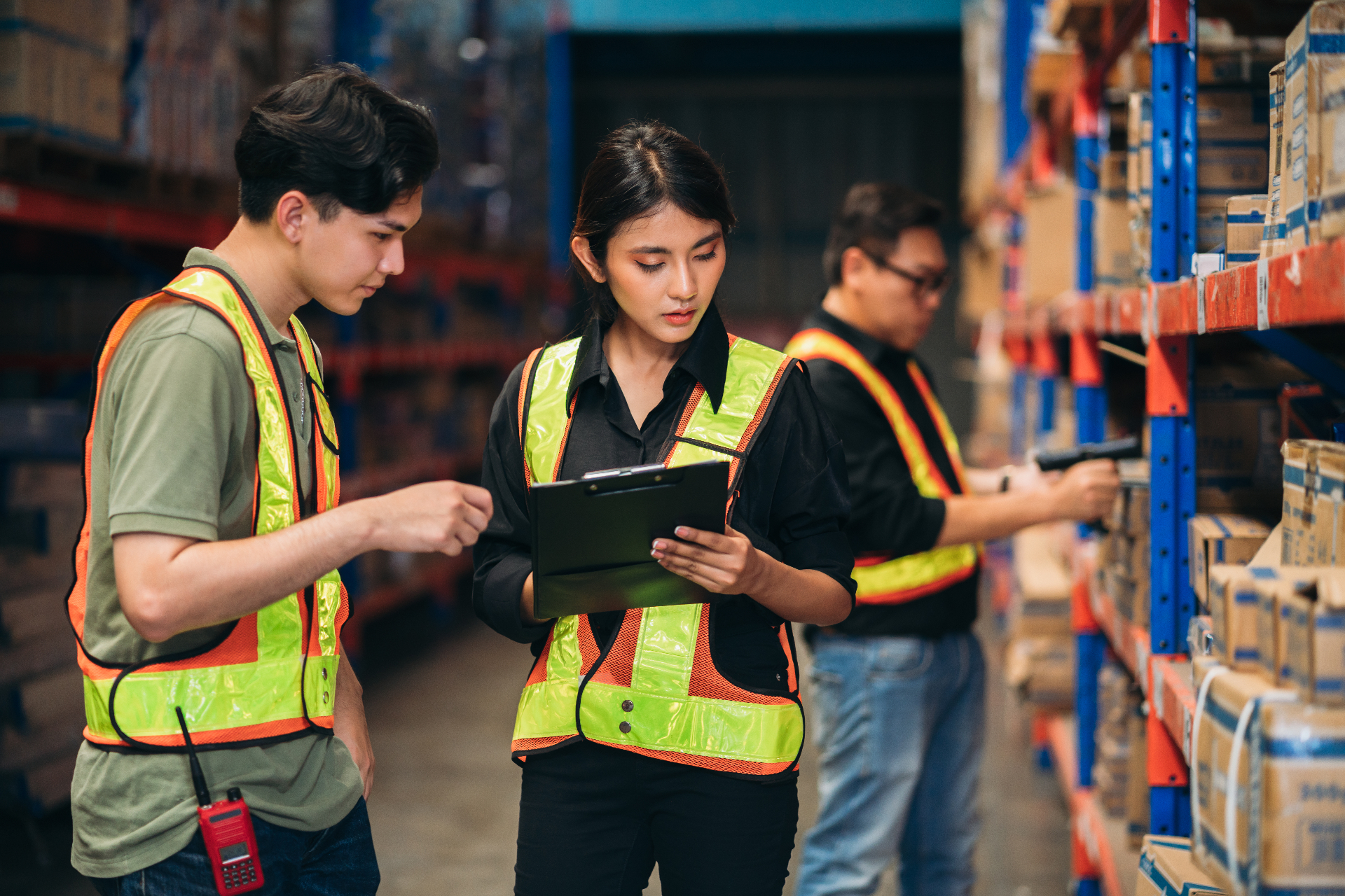 Logistics team operating with digital document workflows in a warehouse
