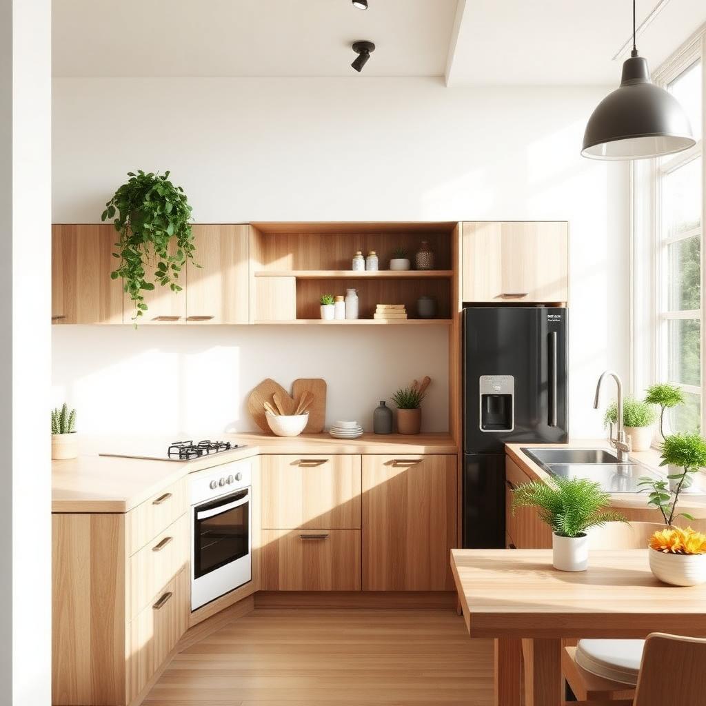 Modern eco-friendly kitchen with sustainable cabinetry and natural materials